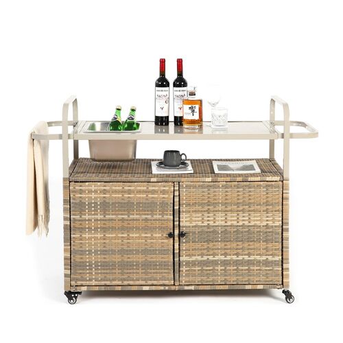 Desserte table de bar d'extérieur chariot de bar en osier avec armoire avec plateau en acier et un seau à glace roues verrouillables beige