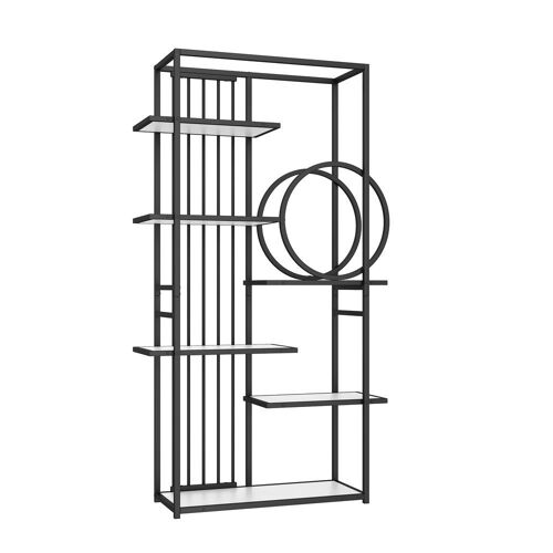 Étagère métallique tube d'acier solide structure géométrique design à plusieurs niveaux décoration ronde blanc + noir