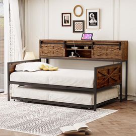 Lit gigogne en fer 90x200 cm canapé-lit gigogne avec plusieurs compartiments de rangement et prises multifonctionnelles fer à repasser noir+marron