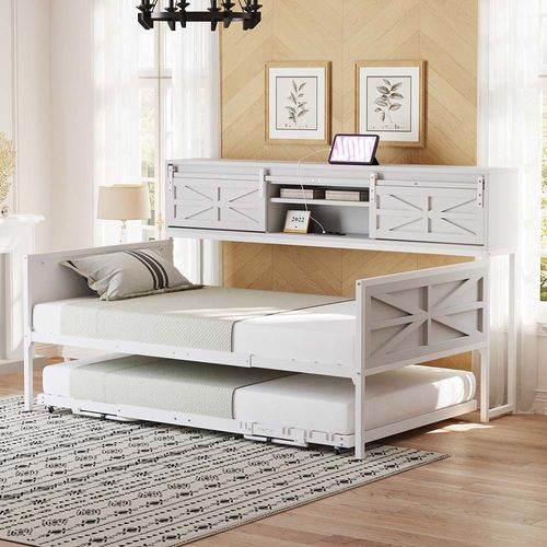 Lit gigogne en fer 90x200 cm canapé-lit gigogne avec plusieurs compartiments de rangement et prises multifonctionnelles fer à repasser blanc