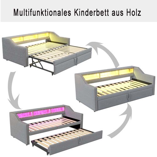 Lit gigogne canapé-lit convertible 90180x200 cm compartiment de rangement multifonctionnel éclairage led et prise usb gris clair