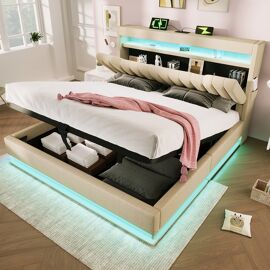 Lit coffre rembourré 180x200 tête de lit avec espace de rangement et ports usb et type-c éclairage led à la tête et au pied du lit lin beige