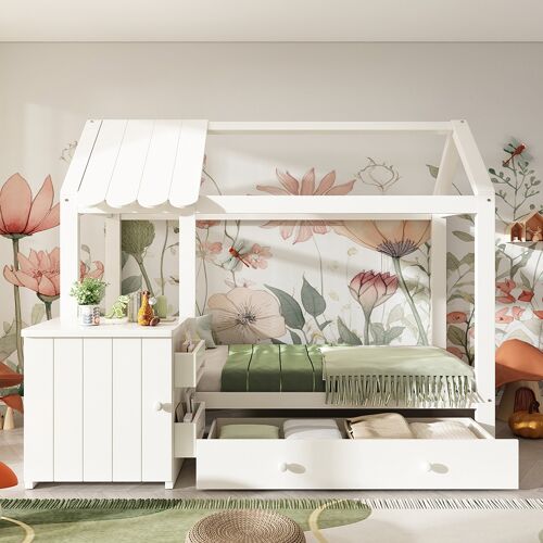 Lit cabane pour enfant 90x200 en bois massif avec tiroirs et table de chevet amovible lit au sol en blanc