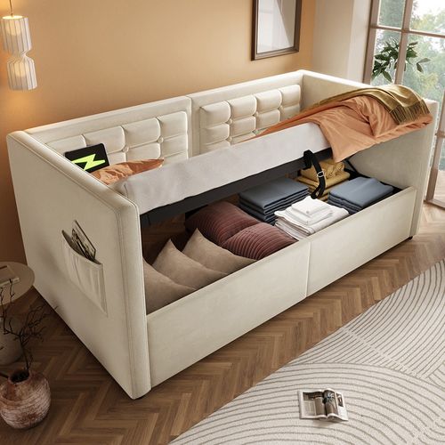 Lit coffre rembourré 90x200 canapé-lit simple avec espace de rangement hydraulique et station de recharge usb et type-c lit en bois velours beige
