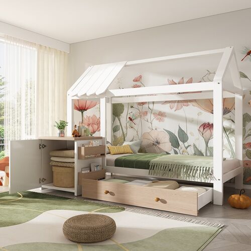Lit cabane pour enfant 90x200 en bois massif avec tiroirs et table de chevet amovible lit au sol en blanc et blanc chêne