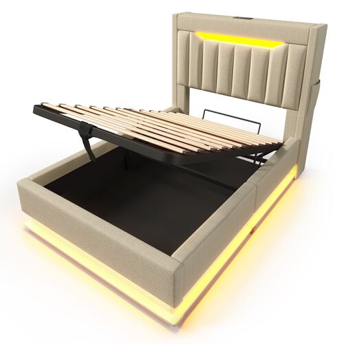 Lit coffre rembourré 90x200 tête de lit avec espace de rangement et ports usb et type-c éclairage led à la tête et au pied du lit lin beige