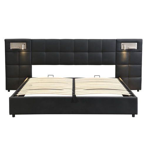 Lit coffre lit lit 180 x 200 cm lit hydraulique avec port usb lampe éclairée avec espace de rangement pu noir