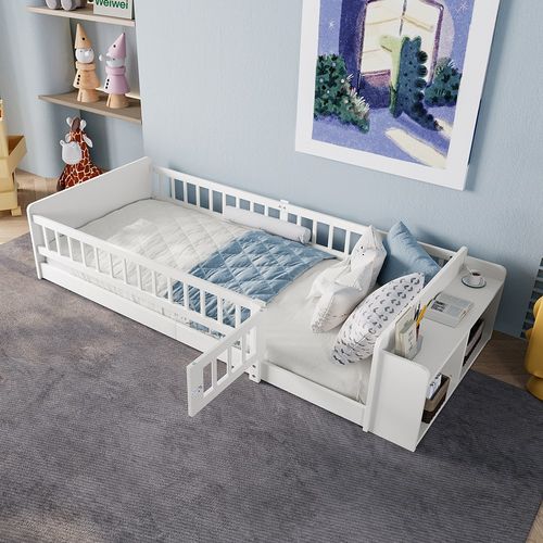 Lit simple enfant 90x200 bois de pin rangement ouvert étagères structure ouvrable sans matelas blanc