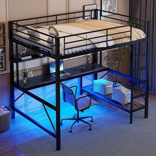 Lit mezzanine 140x200 cm garde-corps escabeau avec usb et prise éclairage d'ambiance télécommandé bureau étagère à plusieurs niveaux métal noir