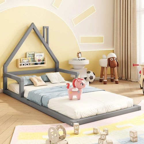 Lit cabane lit d'enfant 90x200 cm lit simple forme maison pin massif gris