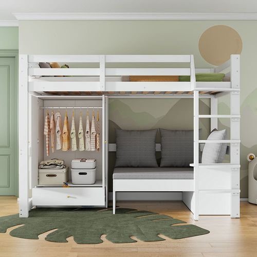 Lit mezzanine enfant 90x200 avec échelle armoire canapé 3 coussins tablette bois massif blanc