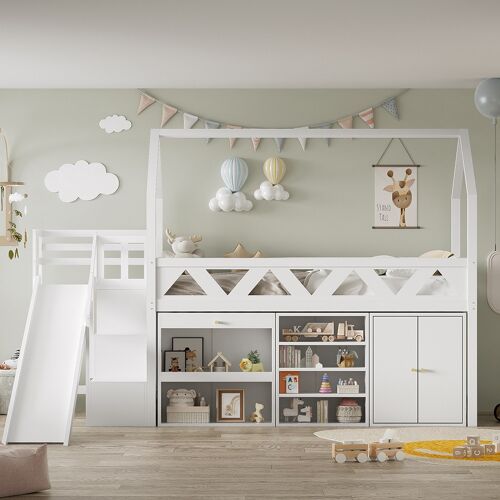 Lit superposé pour enfants lit simple 90x200 cm lit multifonctionnel avec toboggan et escalier avec tiroirs et casier bois massif blanc