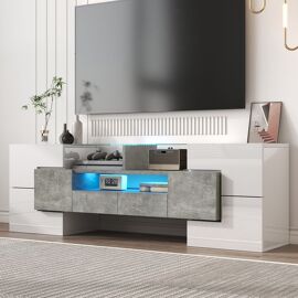 Meuble tv élégant meuble bas blanc brillant 145 cm éclairage led meuble de salon surface en verre élégante gris