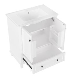 Meuble salle de bain lavabo pieds bois massif mdf hydrofuge grand rangement vasque ceramique integre blanc
