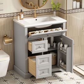 Meuble salle de bain lavabo vasque laque hydrofuge glissieres fermeture douce etageres porte tiroir rabattable surface reglable gris