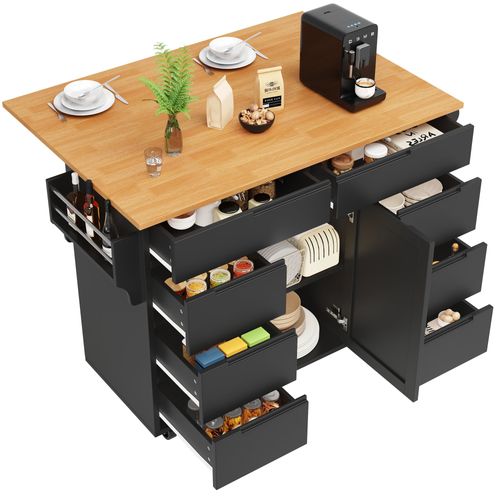 Buffet Cuisine,Armoire de Cuisineavec Roulettes et Plan de Travail,8 Tiroirs,Extensible,Roulettes Freinées,Noir