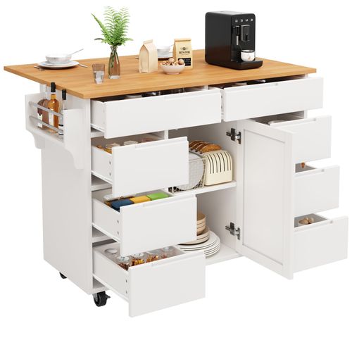 Buffet Cuisine,Armoire de Cuisineavec Roulettes et Plan de Travail,8 Tiroirs,Extensible,Roulettes Freinées,Blanc