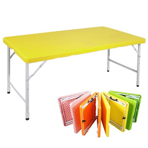 Table pliante portable 125 cm robuste poignée hauteur réglable multifonction camping pique-nique fêtes intérieur extérieur charge 135 kg jaune