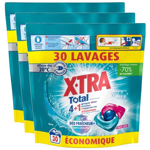 X-TRA Lot de 3 Lessives Trio-Capsule Total Déo Fraîcheur+ Givré x30