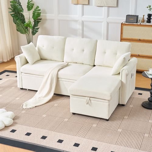 Canapé d¿Angle avec Rangement,Velours,Canapé Lit,Montage Ambi-Droit,206*130*85cm,Beige