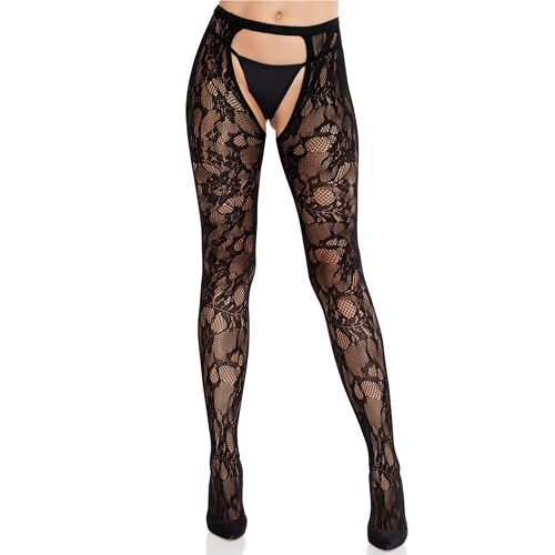 Collant Ouvert Motifs Floraux Noir - Leg Avenue