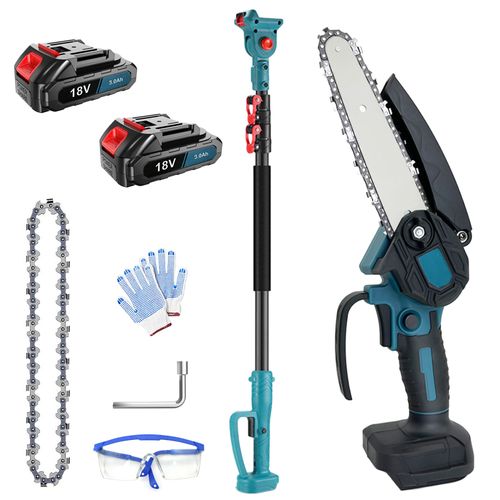 Voie à chaîne 2 en 1 sans fil et mini-tronçonneuse de 6 pouces avec batterie de 2 x 3000mAh, tronçonneuse électrique portative sans brosse jusqu'à 1,5 m pour la coupe de branches hautes