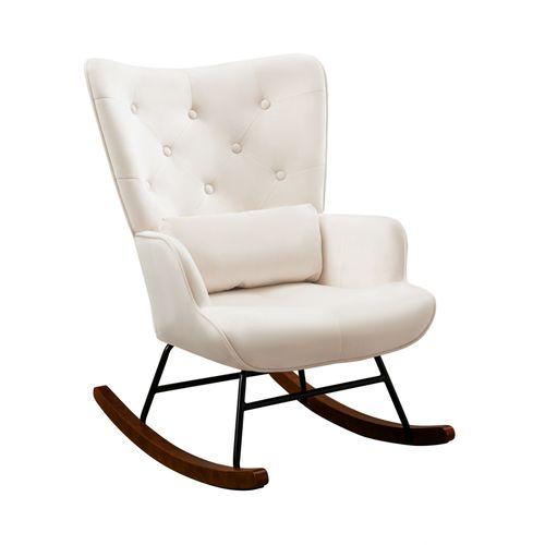 Fauteuil à Bascule Scandinave HOMEMIYN - Confort Velours Beige et Structure Bois-Métal