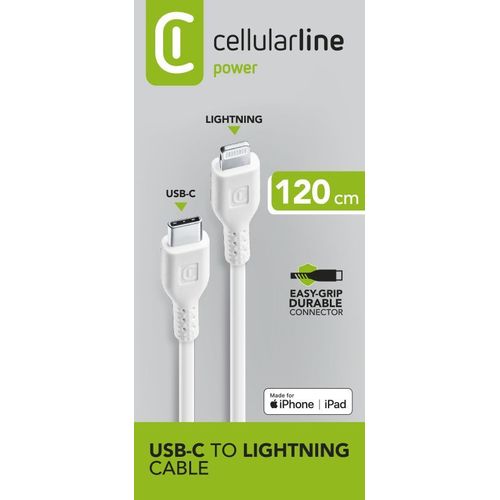 Cellularline Power Cable 120cm - USB-C to Lightning Câble USB-C à Lightning de charge et transfert de données.