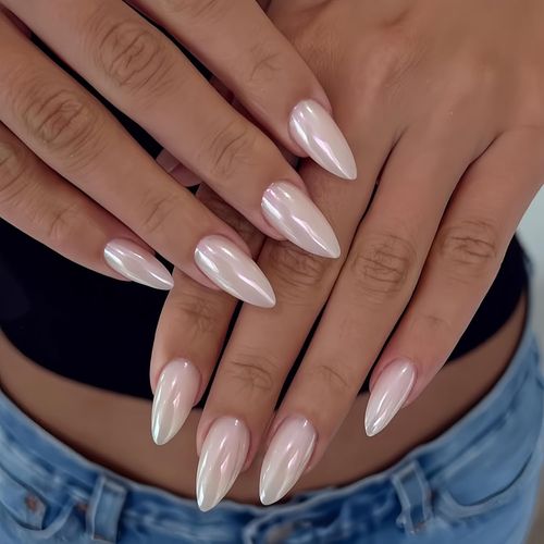 Oayew-Lot De 24 Faux Ongles À Coller - En Acrylique Émaillé - En Forme D'amande - Blanc Pailleté - À Coller - Pour Femme 