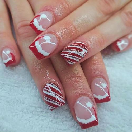 Oayew-Lot De 24 Faux Ongles De Noël - Motif Bonnet De Noël Français Rouge - Couverture Complète Avec Colle À Ongles - Ongles Artificiels Carrés À Paillettes - Bandes Rouges 