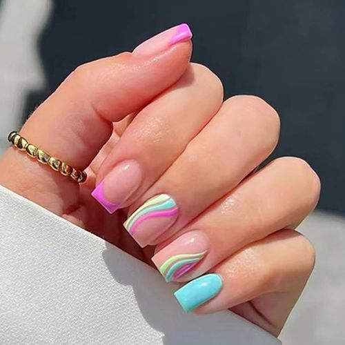 Oayew-24 Pièces Swirl Carrés Faux Ongles Court, Rainbow French Press On Nails Courts Avec Wavy, Cute Faux Ongle Avec Colle Pour Femme Et Fille, Faux Ongles À Coller Nail Art 