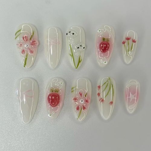 Oayew-Faux Ongles Court ,Amande Osterhasen 3d Fleurs Floral Lapin Fraises Design Étoiles Y2k Press On Nails Avec Colle À Ongles,Pâques Flowers Sweet Été Ins Fake Nails 
