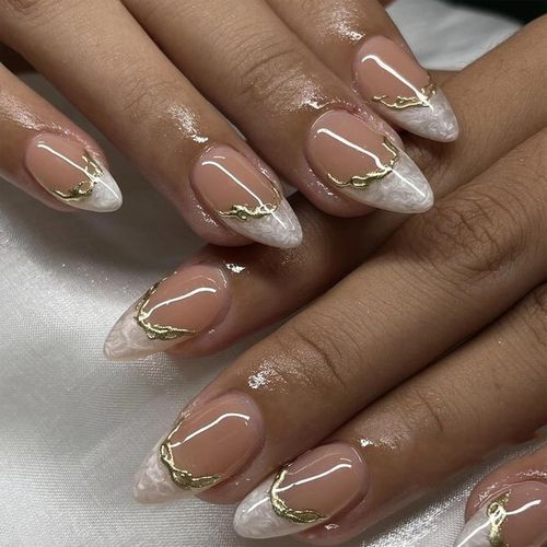 Oayew-Press On Nails, Faux Ongles Nude French Avec Contour Doré Et Effet Aurora, Set De Faux Ongles Avec Colle Jelly Et Lime, Ongles Faux Pour Femme 