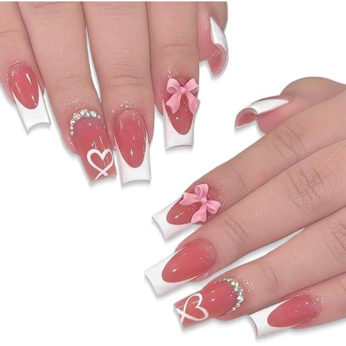 Oayew-24 Pcs French Nails Press On Nails Avec Breloques, Faux Ongles French, Faux Ongles Blancs, French Nails Press On Nails, Ongles Adhésifs, Longs, Carrés, En Acrylique, En Forme De C?ur, Strass 