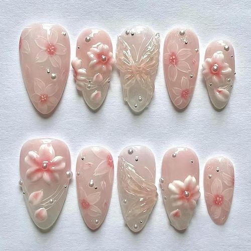 Oayew-Faux Ongles Court ,Amande Dégradé Blanc French 3d Fleurs Florales Papillon Perle Design Y2k Press On Nails Avec Colle À Ongles,Pink Ombre Flowers Eté Ins Fake Nails 
