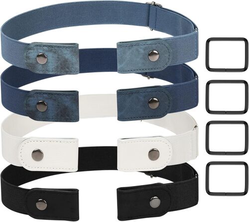 Kalanka-4 Pièces Ceinture Elastique Femme Ajustable Noir Blanc Bleu Ceinture Sans Boucle Invisible Ceintures Femme Pour Jeans Pantalons Jupes Pour Hommes Et Aux Femmes