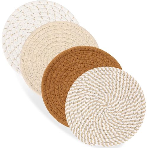 4 sous-plats résistants à la chaleur (18x18, 20x20, 25x25, 30x30, 33x33 cm), protège-ustensiles en cordon coton, repose-verres pour cuisine et table - Couleurs marron variées,