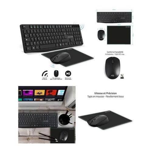 Pack 3 en 1 clavier Multimédia + souris sans fil bureautique USB Noir + Tapis souris