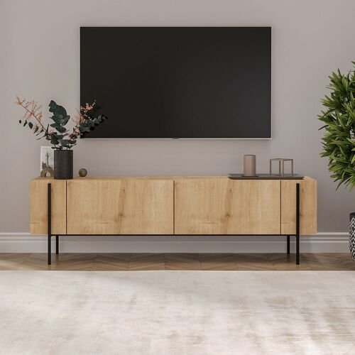 Meuble TV avec placards bois et détails noirs 160cm FRENA