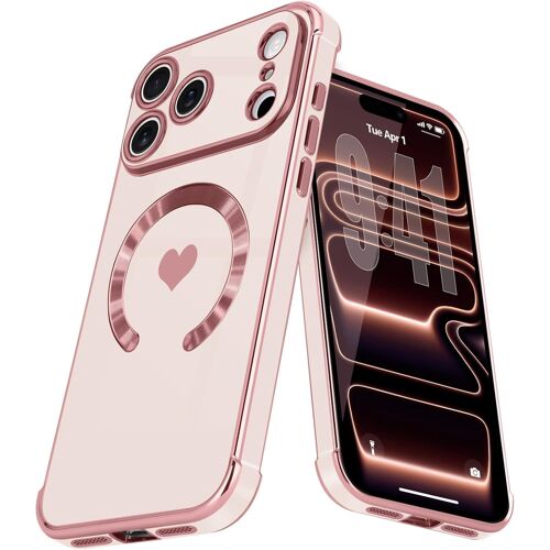 LORANKA-Coque pour iPhone 17 Pro Max Coque Compatible avec MagSafe Motif C?ur Galvanisé Antichoc Résistante Silicone Étui pour iPhone 17 Pro Max Rose
