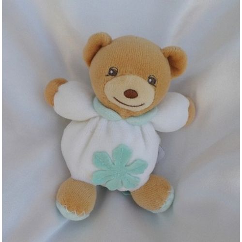 Doudou Mini Ours Blanc Et Beige Fleur Col Vert Attache Tétine Kaloo