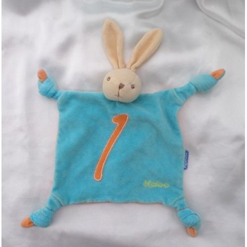 Doudou Peluche Plat Carré Lapin Bleu Et Orange Broderie 1 Kaloo Noeuds 1998-2005