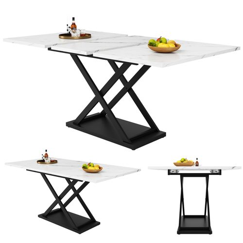 Table à Manger Extensible (120-160×80cm),Table à Manger 6-8 Personnes,Économique d'Espace,Pieds en Fer Croisés,Blanc