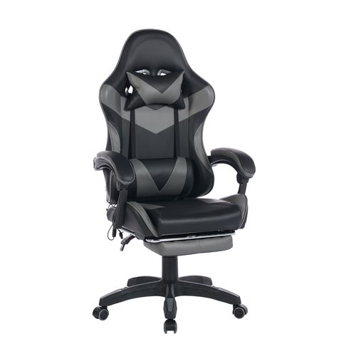 Siège Gaming, Fauteuil de Bureau en Cuir, Réglable avec Repose-Pieds,Coussin Lombaire de Massage Rotatif 360° ¿ Noir & Gris