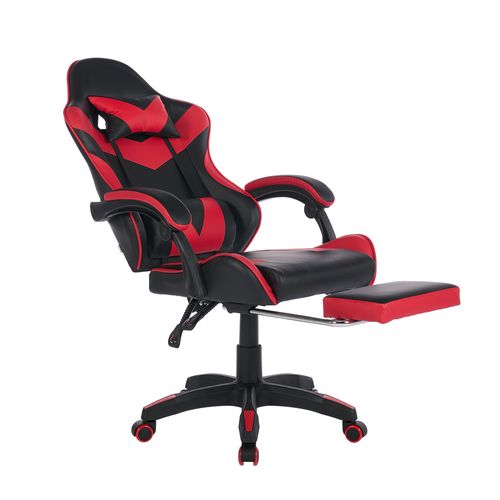 Siège Gaming, Fauteuil de Bureau en Cuir, Réglable avec Repose-Pieds,Coussin Lombaire de Massage Rotatif 360°，Rouge et Noir