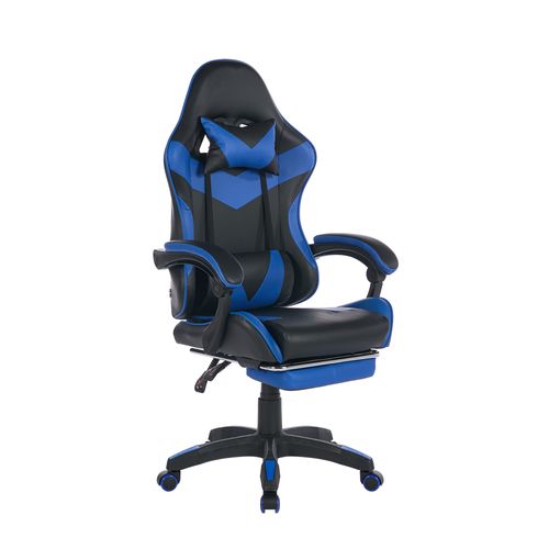 Siège Gaming, Fauteuil de Bureau en Cuir, Réglable avec Repose-Pieds,Coussin Lombaire de Massage Rotatif 360°，Bleu et Noir