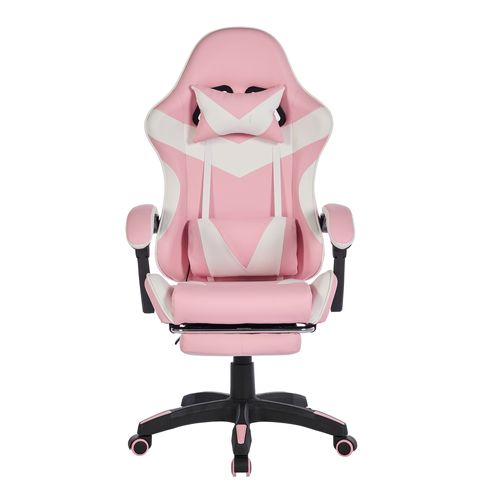 Siège Gaming, Fauteuil de Bureau en Cuir, Réglable avec Repose-Pieds,Coussin Lombaire de Massage Rotatif 360°，Rose et Noir