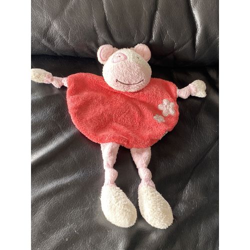 Peluche doudou vache plat Comptoir Français de la Mode rose rouge fleurs 28cm