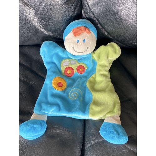 DOUDOU PLAT MARIONNETTE GARÇON LUTIN BLEU VERT VOITURE BABY LUNA 24CM