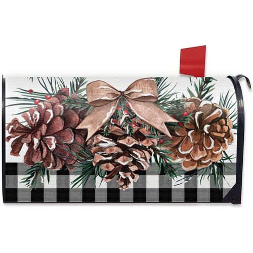 Housse Boite Aux Lettres Hiver Cone De Pin Magnetique Taille Standard 21"" X 19"", Decoration Ferme Plaid Bison Noeud Aiguilles De Pin Baies Rouges Jardin Exterieur